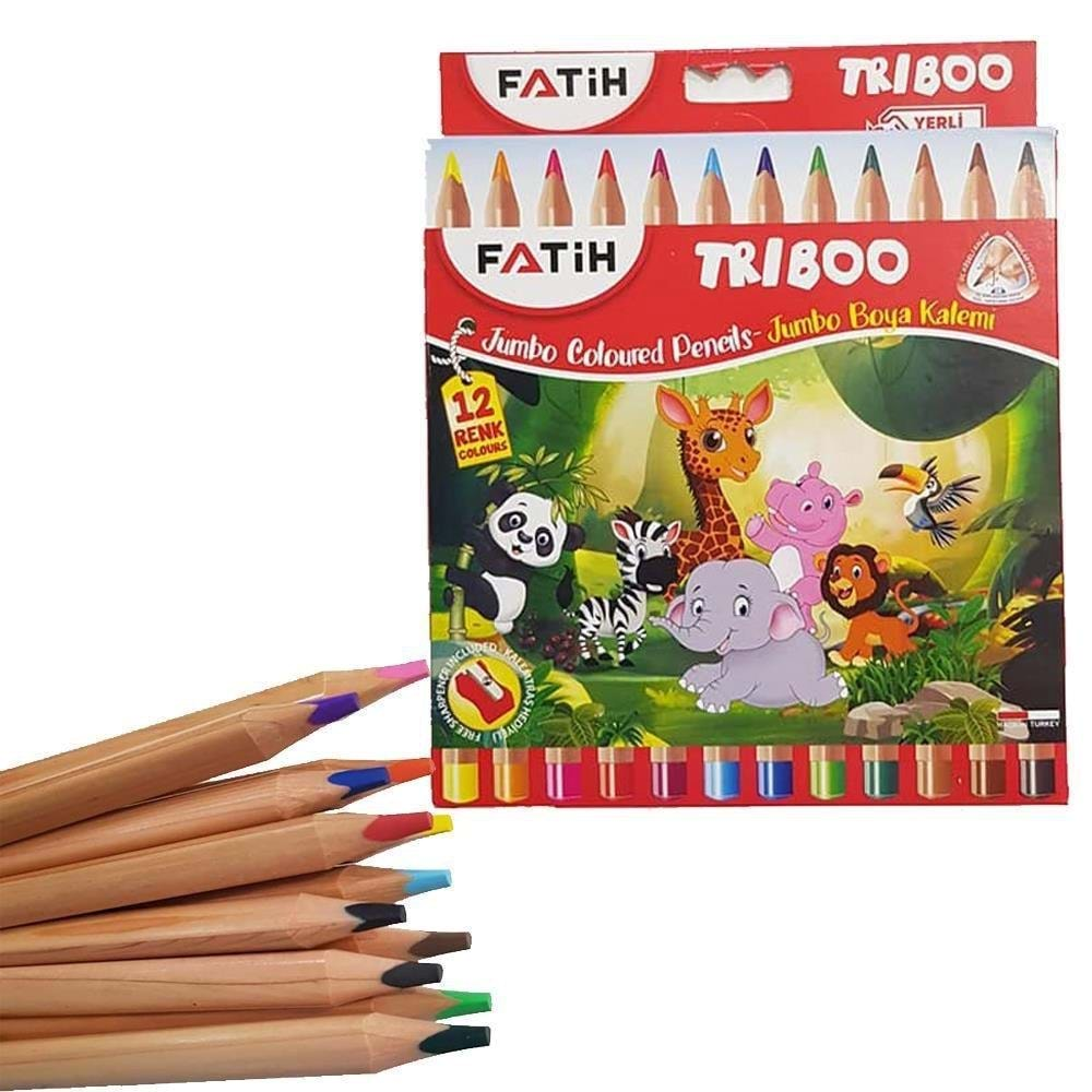 Fatih Jumbo Triboo Üçgen Natural 12 Renk Kuruboya Tam Boy ( Kalemtraşlı )