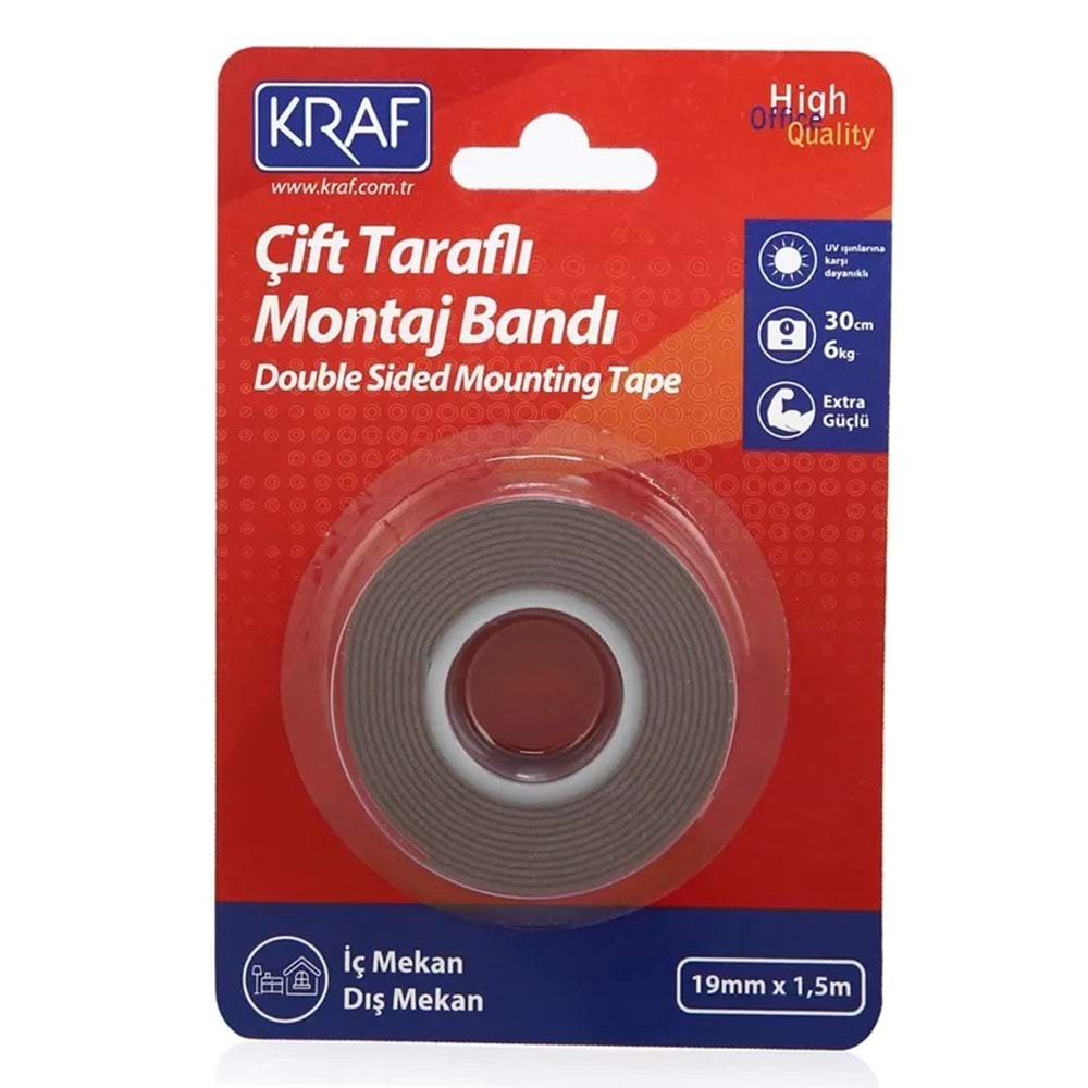 Kraf Montaj Bandı Çift Taraflı Extra Güçlü Dış Mekan 19Mm X 1.5M 2520G