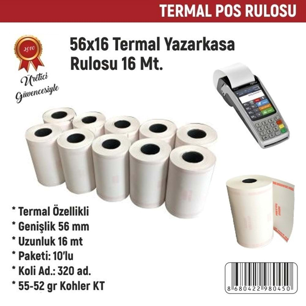 Resan 56*16 Termal Yazarkasa Pos Rulosu 16 Metre 10'Lu