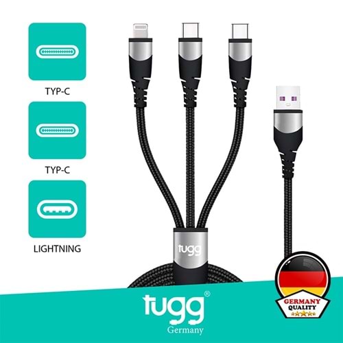 TUGG Germany Şarj ve Veri Kablosu 3'ü 1 arada USB-A Dual Type-C + IP